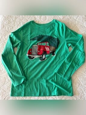 EUC CAT & JACK Kids Green Long-Sleeve Holiday Christmas Truck Graphic Tee - Sz L